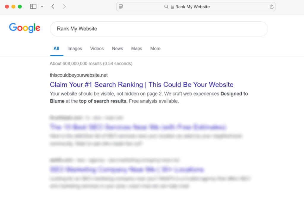 A Google search results page for "Rank My Website," showing an advertisement at the top offering a #1 search ranking, followed by blurred search results below.