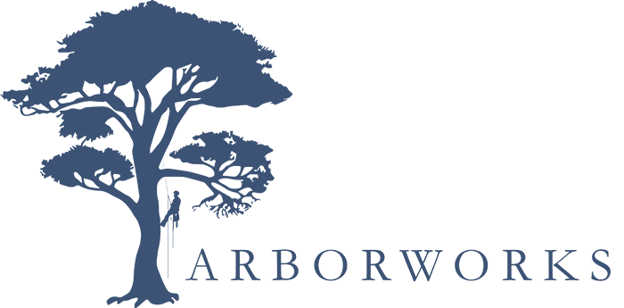 A blue silhouette of a large tree with a person climbing it using ropes appears next to the word "ARBORWORKS" in capital letters.