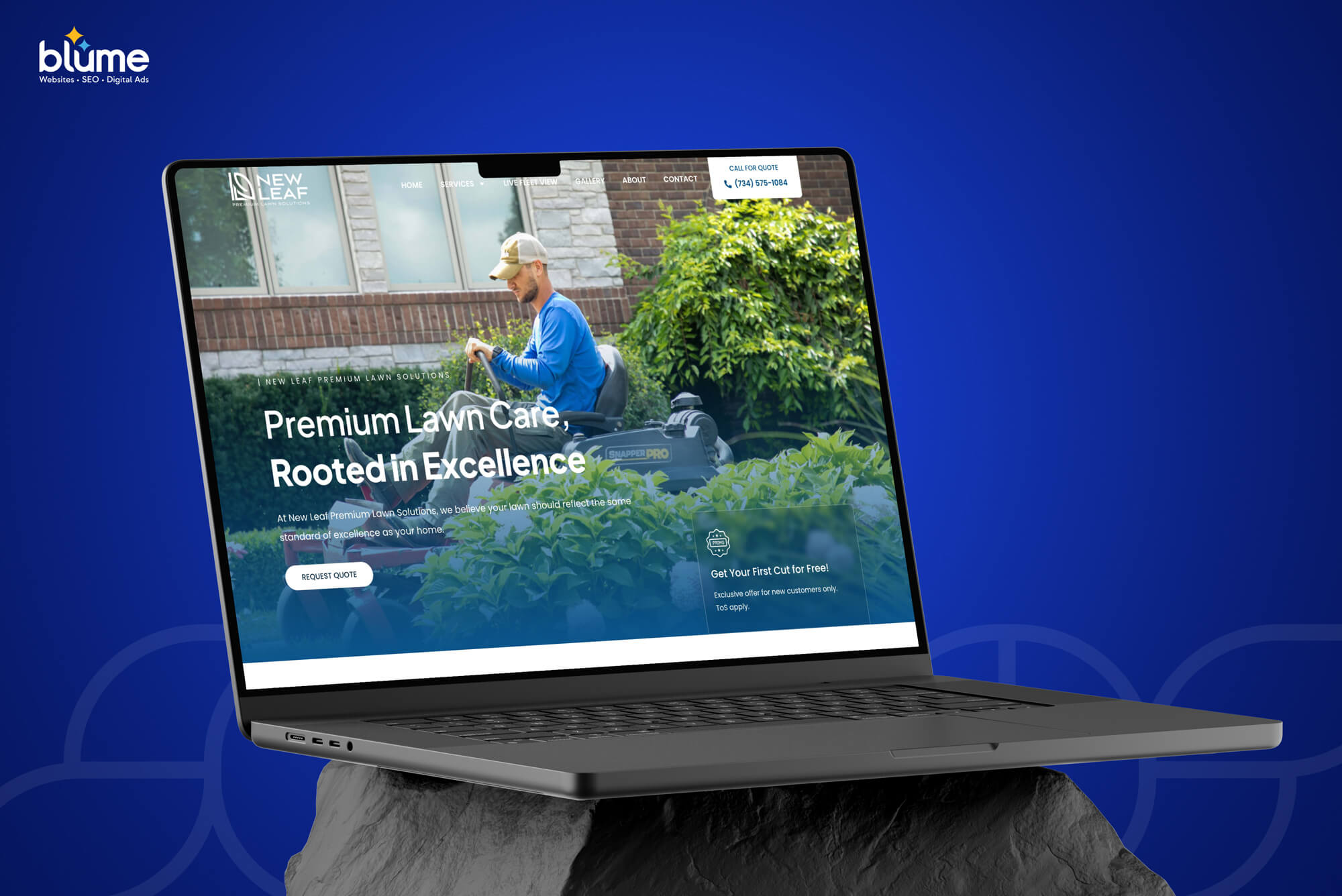 A laptop displays a website for a lawn care service called "New Leaf," featuring the most impressive website design, with a worker mowing grass and the text "Premium Lawn Care, Rooted in Excellence." The laptop sits on a rock with a blue background.