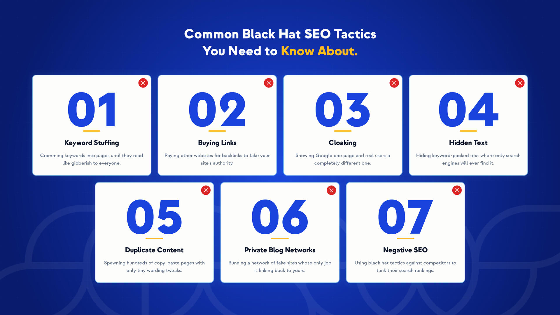 An infographic titled "Common Black Hat SEO Tactics You Need to Know About," answering What is Black Hat SEO by listing and briefly describing seven tactics: keyword stuffing, buying links, cloaking, hidden text, duplicate content, private blog networks, and negative SEO.