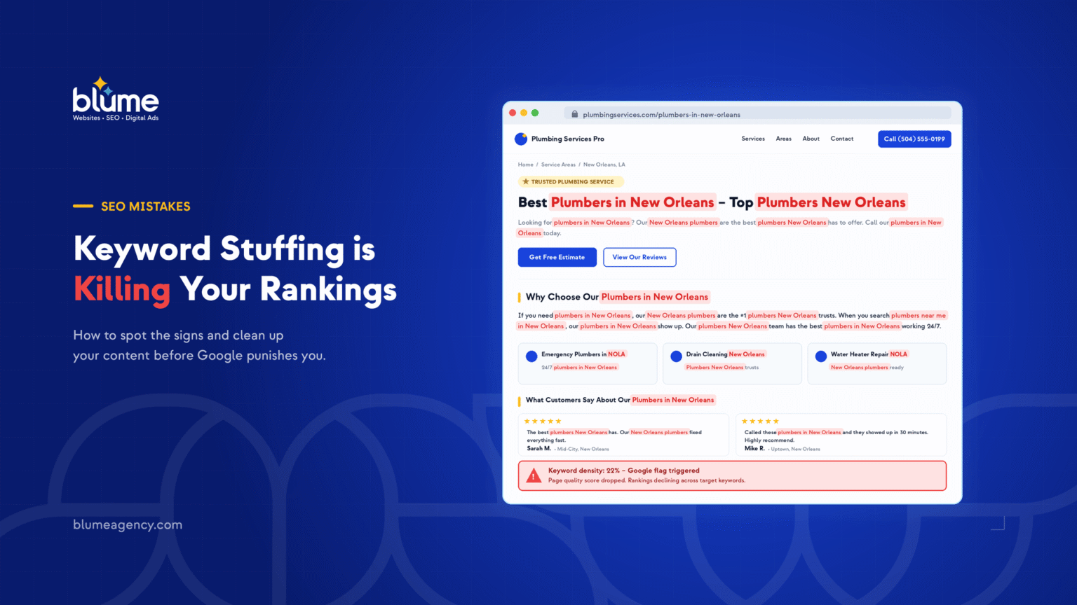 A screenshot of a web search results page for "Best Plumbers in New Orleans," with the keyword highlighted in red. The left reads, "Keyword Stuffing is Killing Your SEO Rankings" on a blue background.