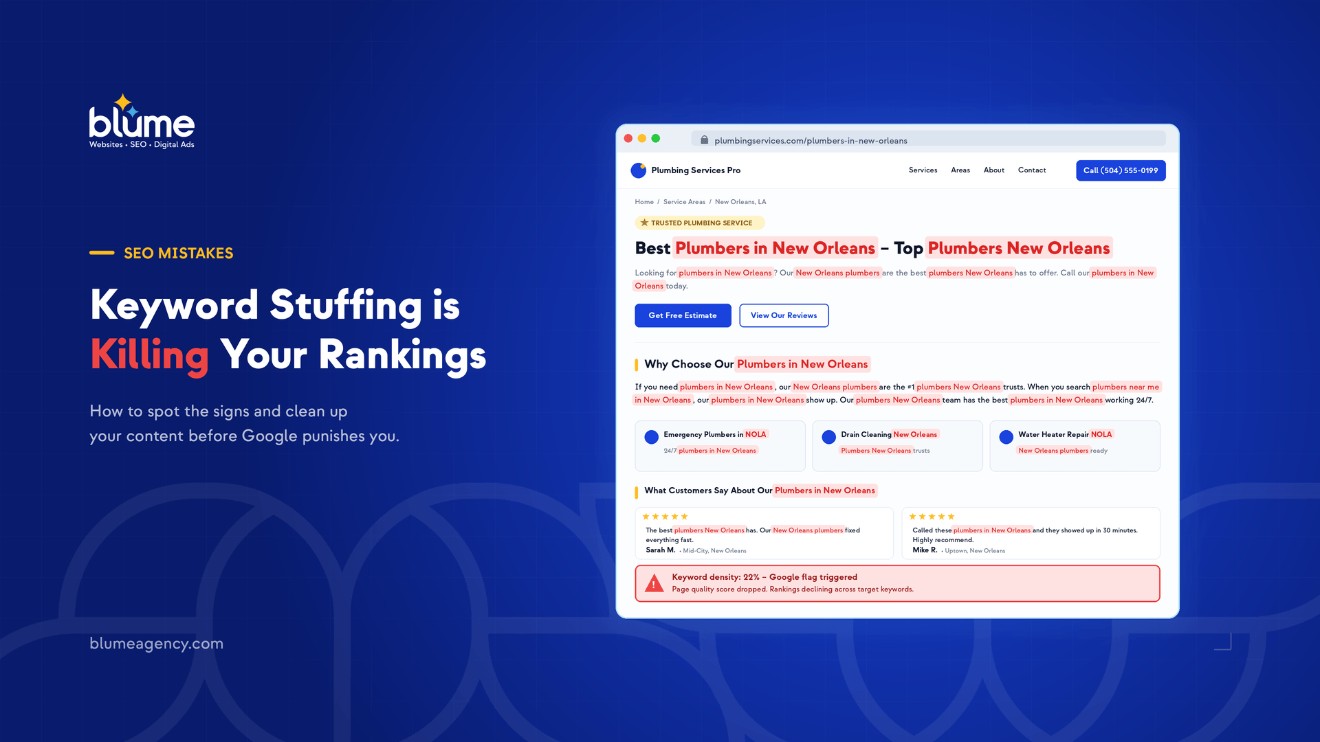 A screenshot of a web search results page for "Best Plumbers in New Orleans," with the keyword highlighted in red. The left reads, "Keyword Stuffing is Killing Your SEO Rankings" on a blue background.