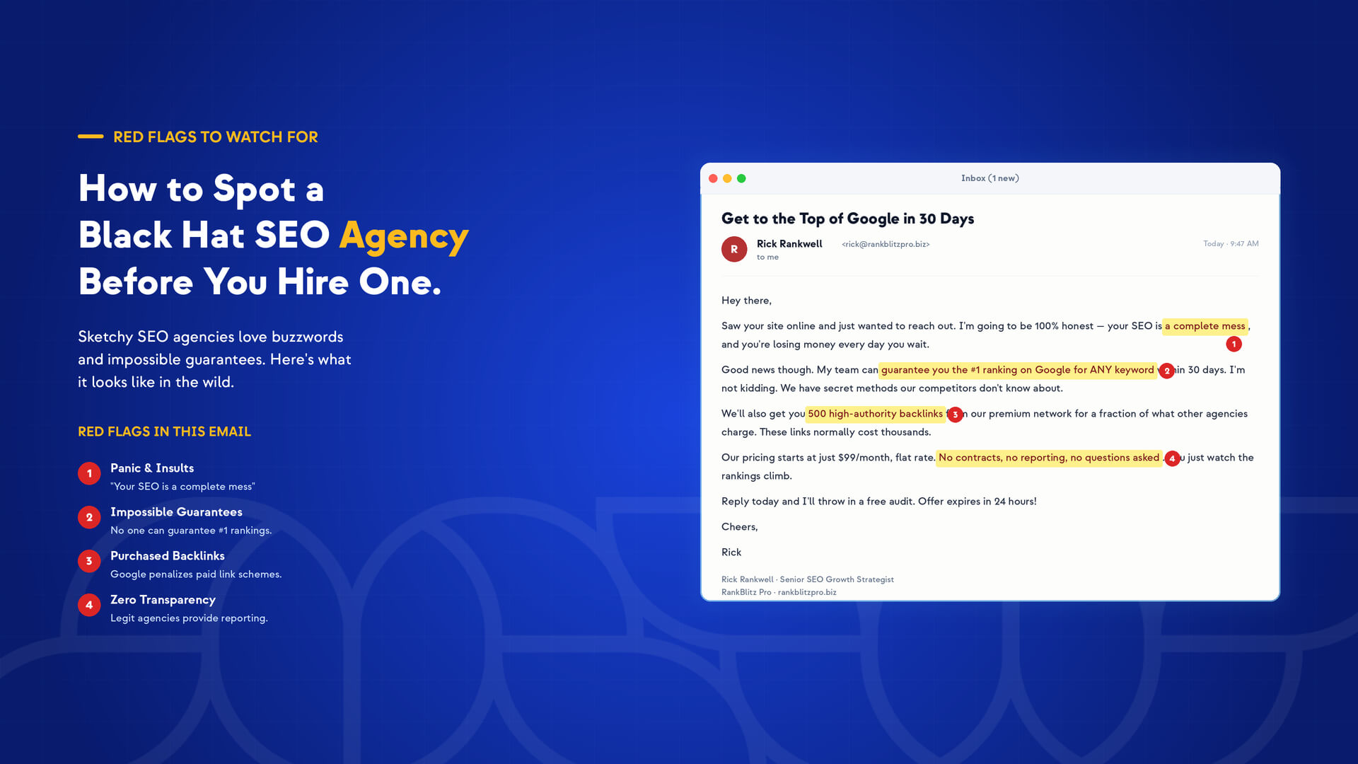 A blue graphic titled "How to Spot a Black Hat SEO Agency Before You Hire One" answers, What is Black Hat SEO, with a sample email promising fast Google rankings and highlights misleading claims and red flags to avoid when choosing an agency.
