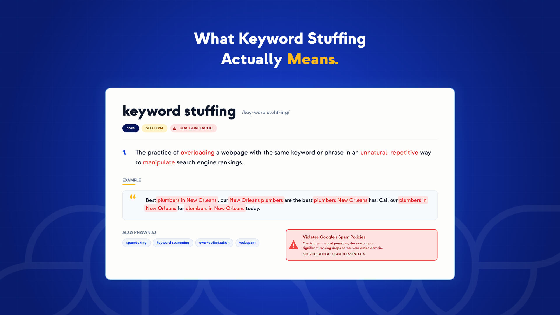A graphic explaining "keyword stuffing" with a definition, an example about plumbers in New Orleans, and a warning box stating Keyword Stuffing Is Killing Your Rankings and is against Google policies. The blue background features white and yellow text.