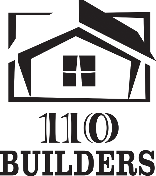 Black and white logo showing a stylized house with a window. Below the house, the text reads “110 Builders” in a bold, serif font.