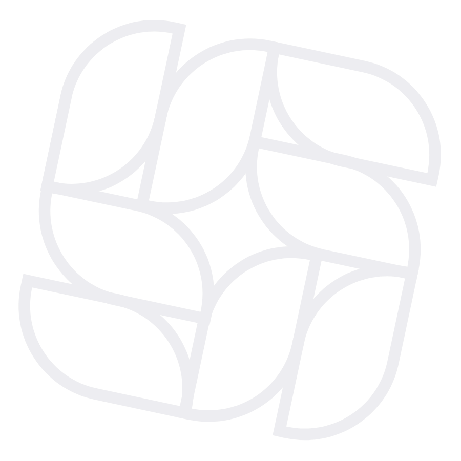 A symmetrical abstract design featuring interlocking curved shapes forming a square pattern, with light gray lines on a white background.