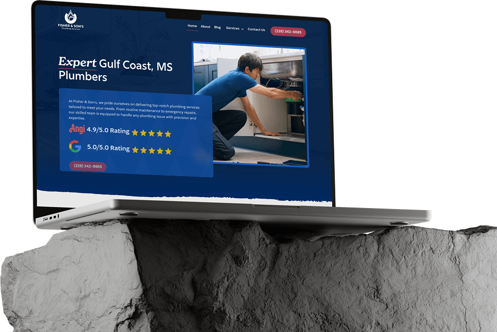 A laptop sits on a rough, gray rock surface. Its screen displays a plumbing service website in dark mode with a photo of a plumber working, customer ratings, contact details, and the headline “Expert Gulf Coast, MS Plumbers.” Website builds are highlighted.