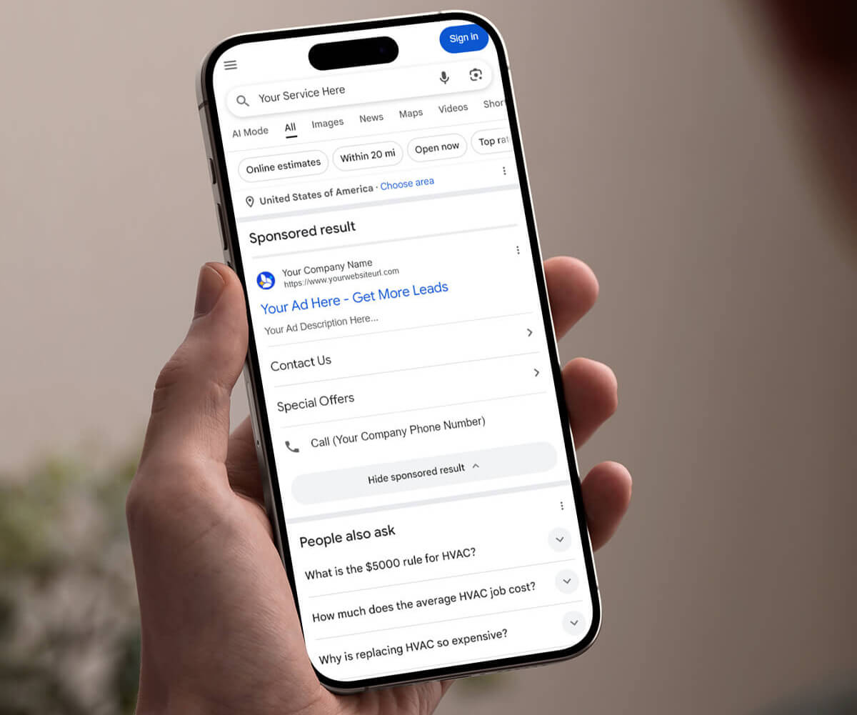 A hand holding a smartphone displaying a Google search results page for HVAC services, featuring a sponsored Digital Ads listing at the top, contact information, and related questions below.