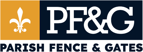 Logo with a gold fleur-de-lis on the left and the large white letters “PF&G” on a navy background. Below, it reads “Parish Fence & Gates” in white text on a gold background.