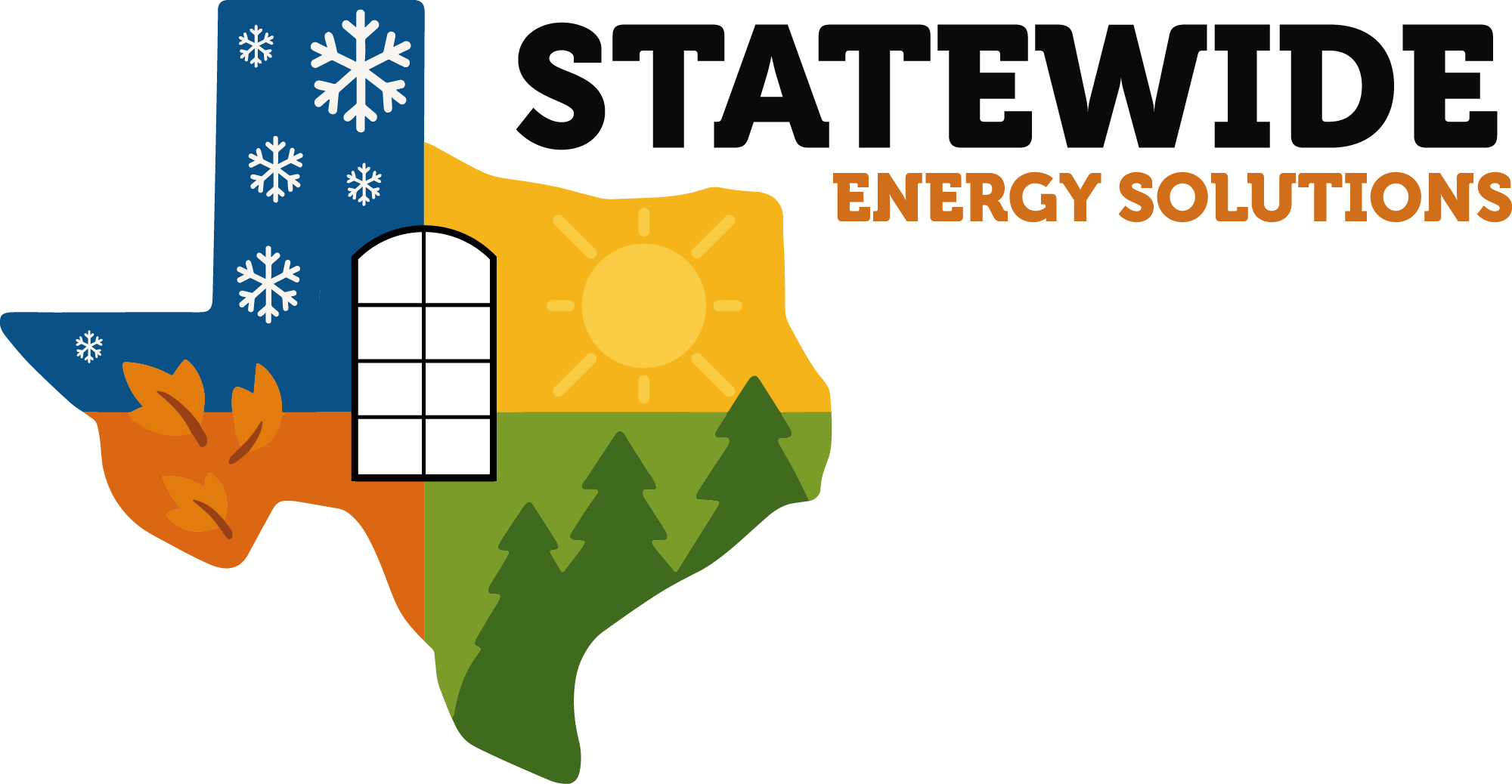 Logo of the state of Texas divided into quadrants with symbols for snowflakes, a flame, sun, and trees, with a window in the center. Text reads “STATEWIDE ENERGY SOLUTIONS.”.