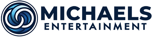 A blue and white circular swirl logo appears to the left of the words “MICHAELS ENTERTAINMENT” in bold, dark blue text on a light background.