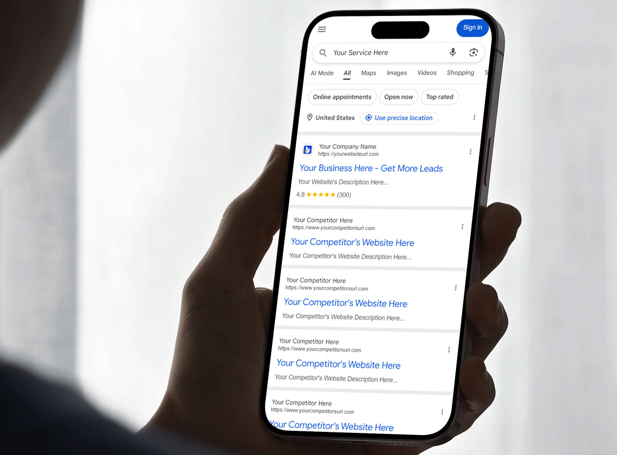 A person holds a smartphone displaying Google search results for “Your Service Here,” highlighting multiple business listing links and suggesting the use of a precise location—an example of effective SEO in action.