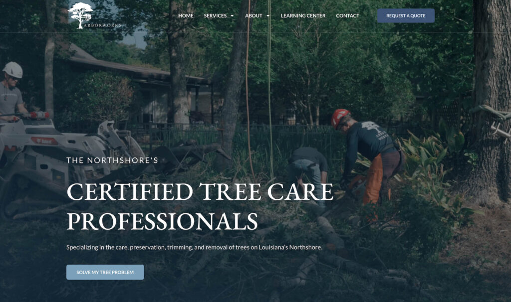 Two workers in safety gear cut and clear tree branches in a yard. A wood chipper is visible. Text promotes certified tree care professionals, tree services, and a trusted Tree Service SEO Company on Louisiana’s Northshore.