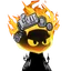 A cartoon character with a flaming head and large yellow eyes wearing a black robe.
