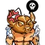 A muscular, angry-looking bull character with a red vein symbol on its forehead and a skull icon in a speech bubble above its head.